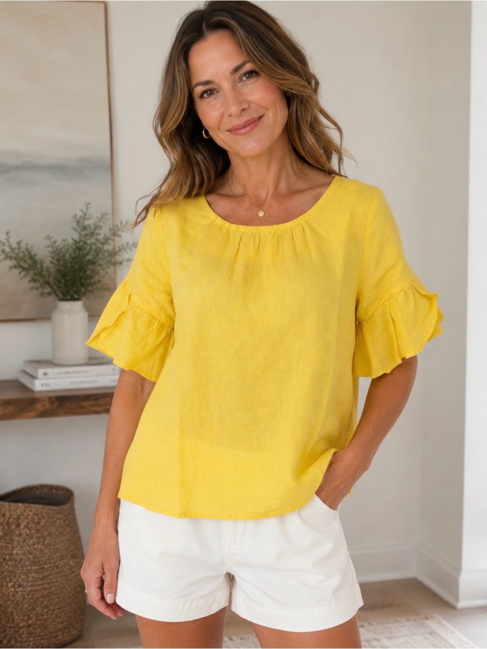 Sundance 100% Linen Loa Yellow Peasant Blouse Women’s M Boho Flutter Sleeve